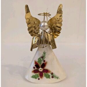 VTG Pier 1 Capiz Shell Christmas Angel Ornament W Harp Figure 3D Decorated Gold